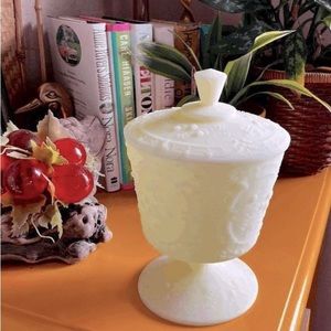 Vintage Fenton Yellow Satin Custard Glass Lidded Pedestal Dish